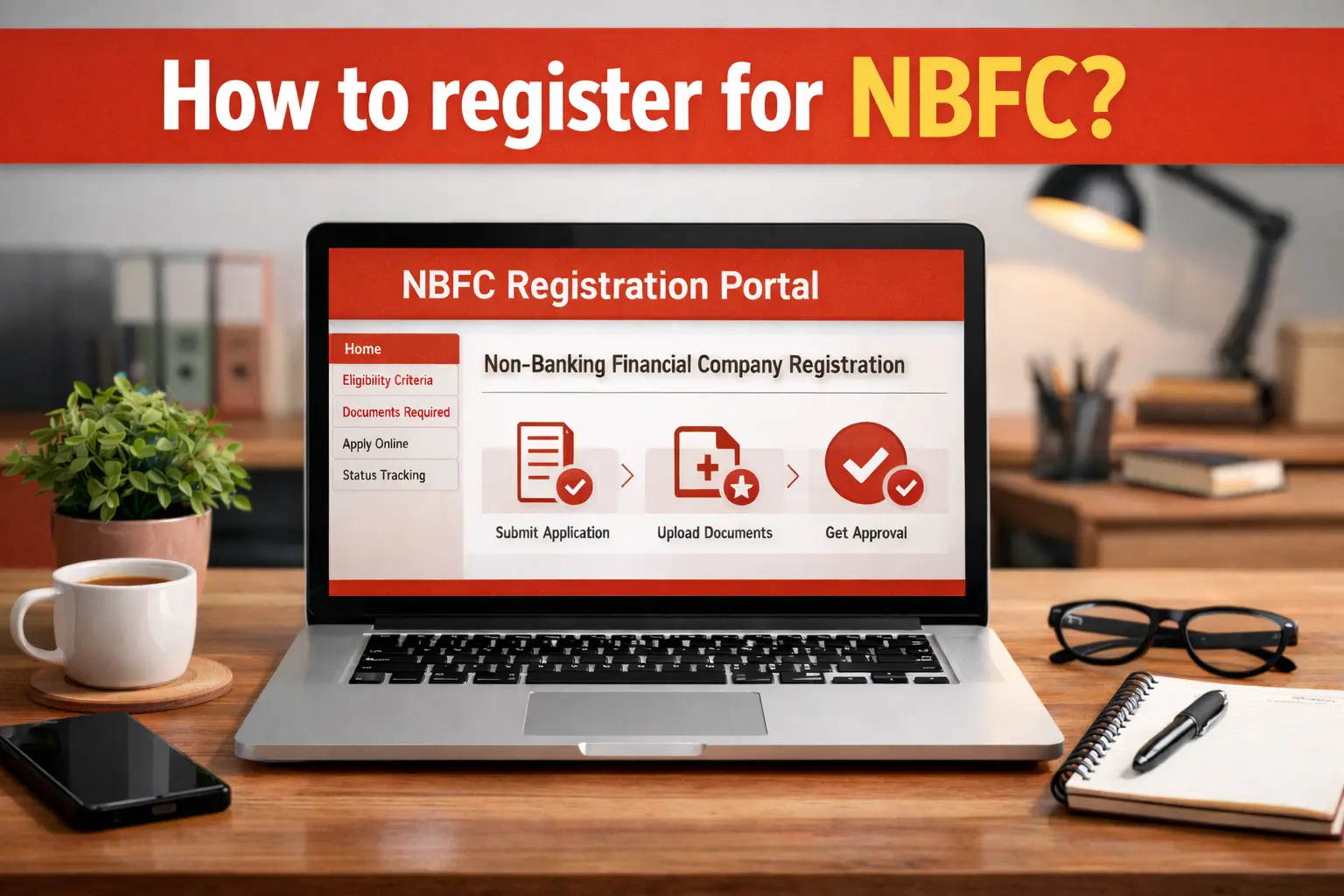 Laptop showing nbfc registration portal and banner text saying how to register for nbfc?